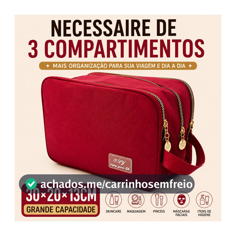 Necessaire Feminina Grande 30cm com Divisórias para Viagem - Bolsa de Cosméticos Multicamadas Organizadora de Maquiagem