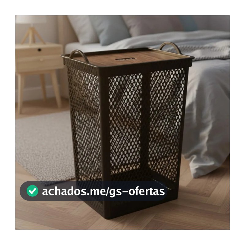 Cesto De Roupa Suja 49L Telado Com Tampa Adesivada Com Estampa de Madeira