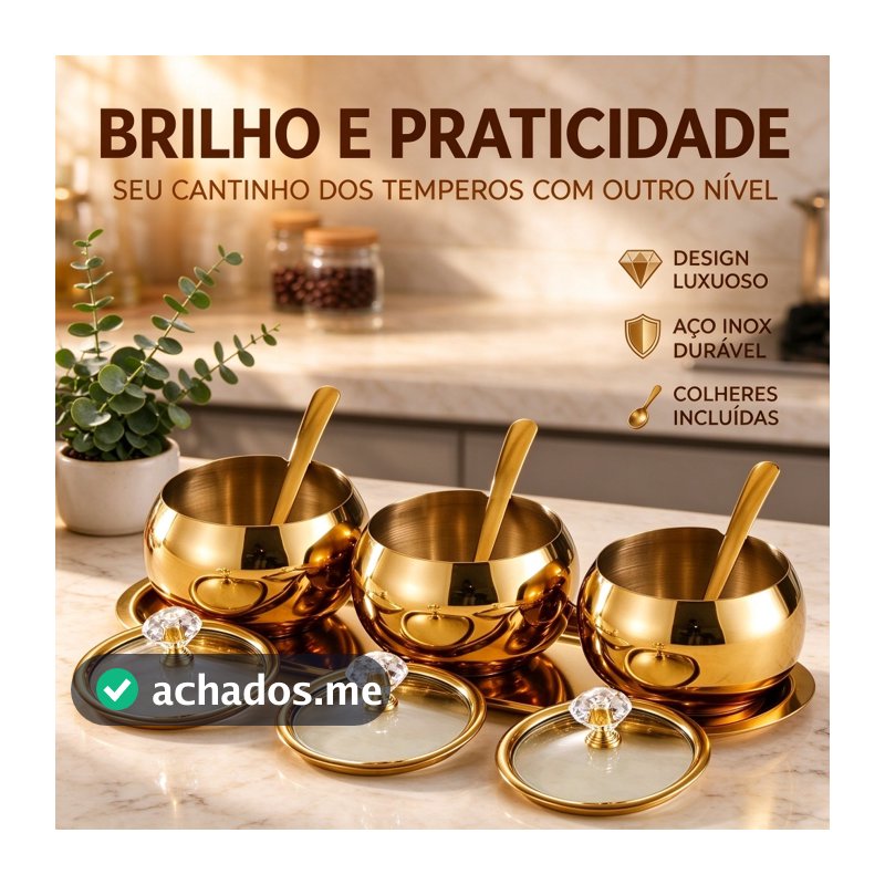 Kit Potes Açúcar Condimentos Com Bandeija Aço Inox 304 Esférico Cozinha Luxuoso Moderno Organizador