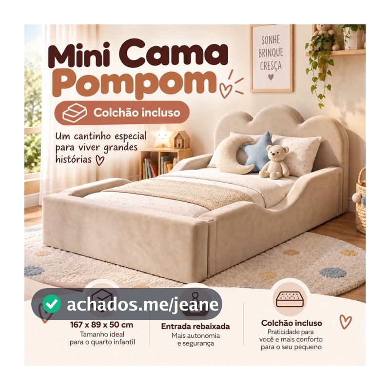 Mini Cama Montessoriana Pompom De Espuma D26 com Proteção Lateral Colchão Para Menino e Menina Cores Bege Rosa Azul - AV