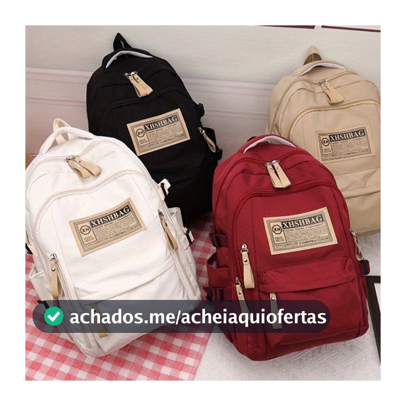 Mochila Feminina de Grande Capacidade Nylon Poliéster Forrada Alças Duplas com Fechamento em Zíper