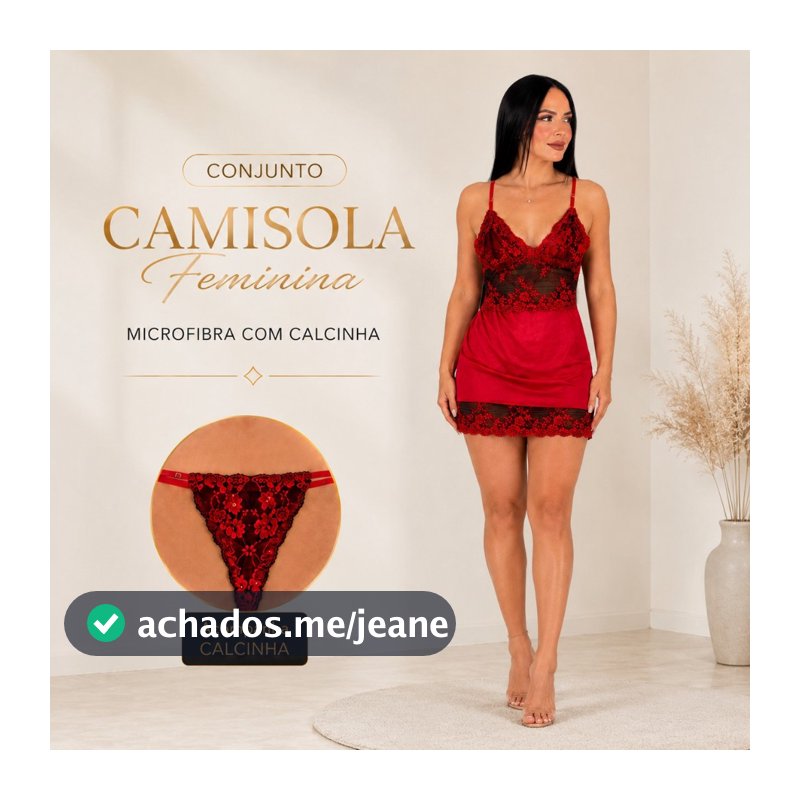 Camisola Feminina com Calcinha Renda Decote V Alça Regulável Microfibra Premium P ao GG