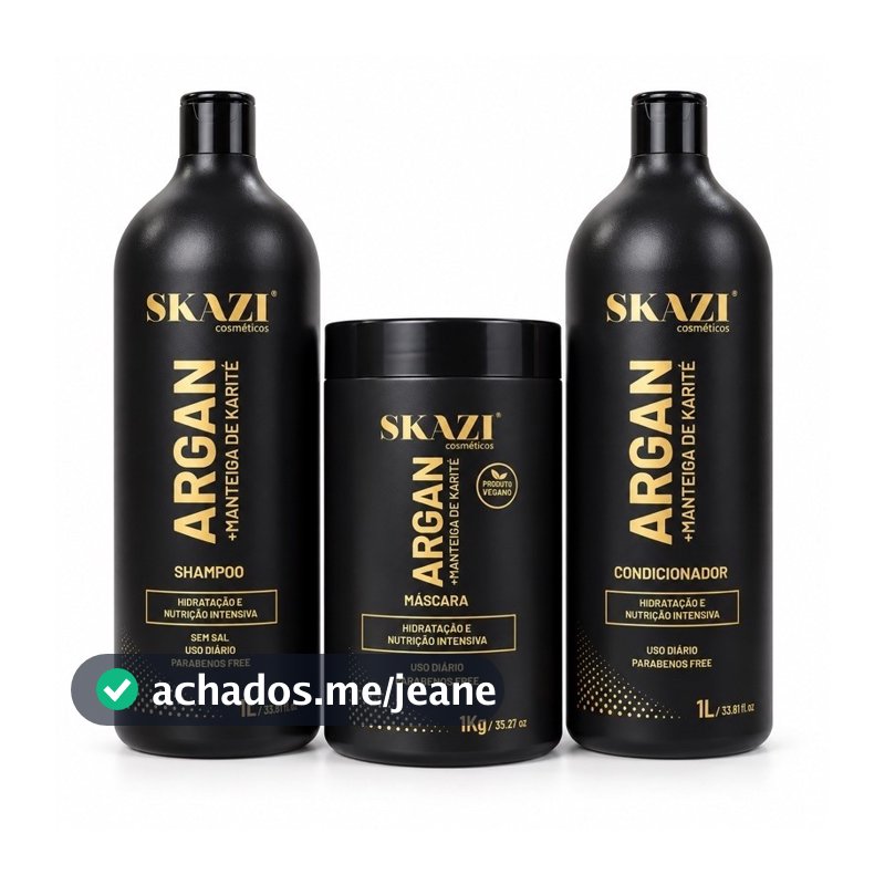 Kit Skazi Argan 3 em 1 – Shampoo 1L + Condicionador 1L + Máscara 1kg – Nutrição e Brilho Intenso