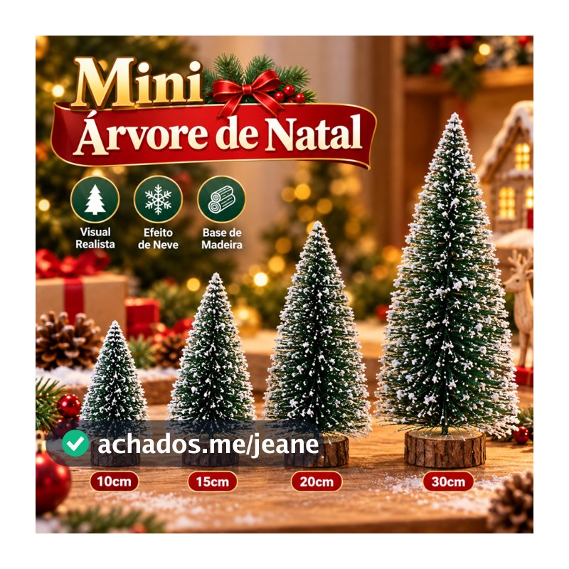 Mini Árvore de Natal Artificial Verde com Neve e Base de Madeira 10cm 15cm 20cm 30cm Enfeite de Mesa