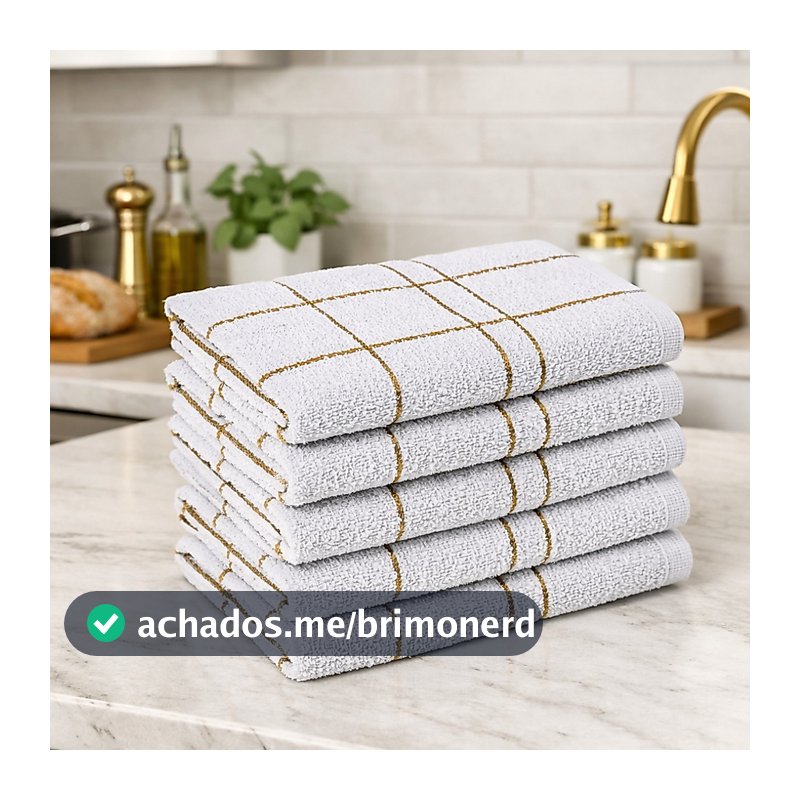 5 Pano Prato Cozinha Xadrez Branco c/ Dourado Grande Algodão Macio Laune Haus