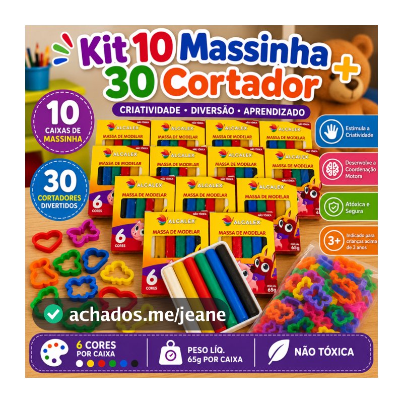 Kit 10 Massinha de Modelar + 30 Cortador Molde p/ Kit Festa Lembrancinha iInfantil Sacolinha
