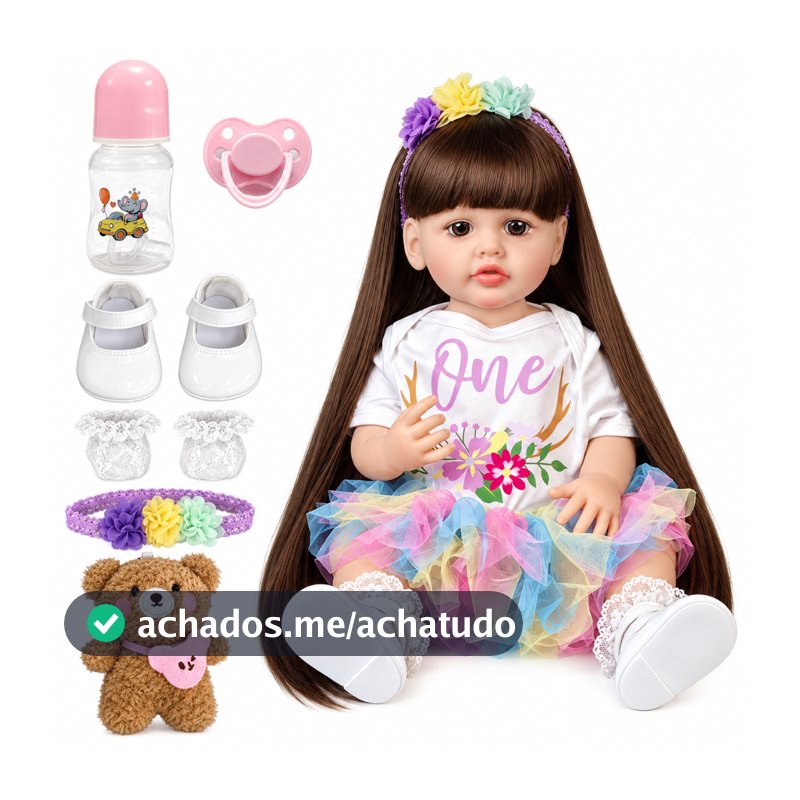 Boneca Bebê Reborn Realista 51cm Cabelo Longo Tutu Colorido com Acessórios Ursinho Presente Infantil