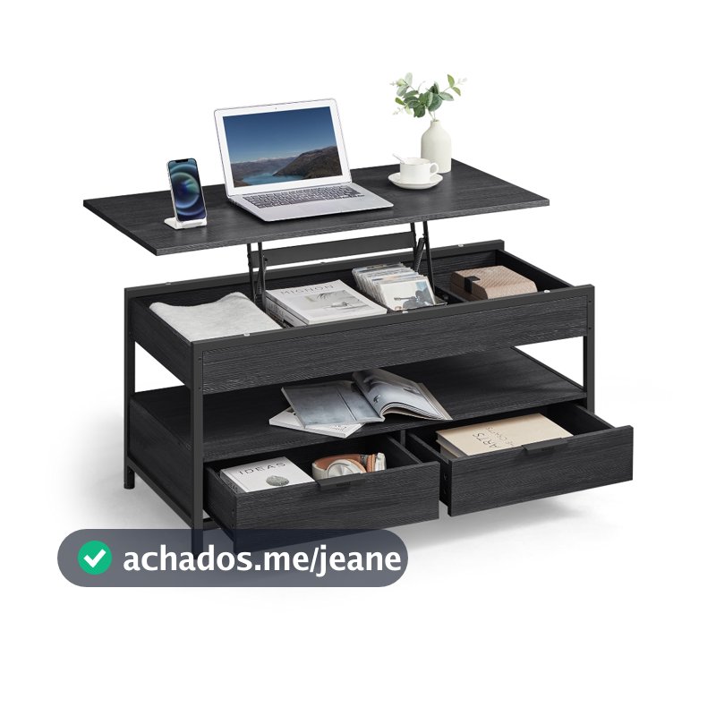 SONGMICS Mesa de Centro com Tampo Ajustável em Altura, Mesa de Sala de Estar com Gavetas, Cinza e Preto