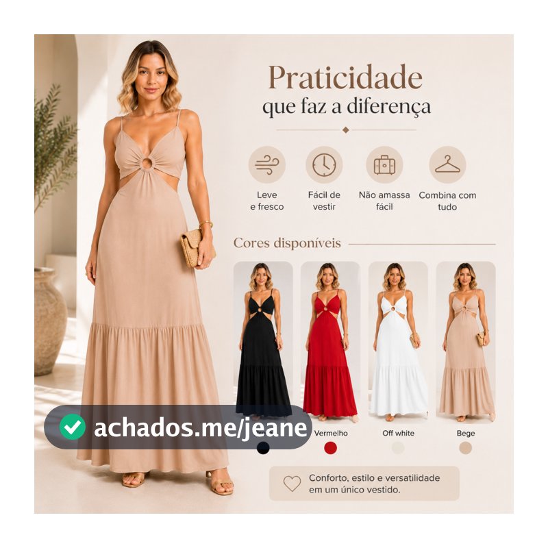 Vestido Longo Feminino Argola Frontal Alça Regulável com Bojo Elegante Soltinho Casual Festa Duna Premium
