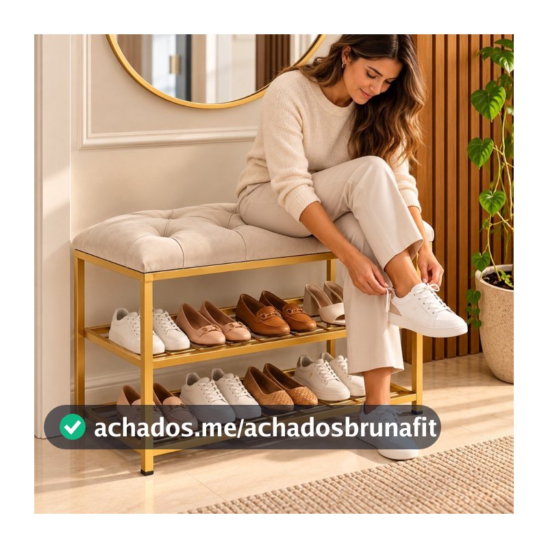 Sapateira, Banco, Organizador de Sapatos, Metal Dourado e Assento Estofado 60cm de Comprimento
