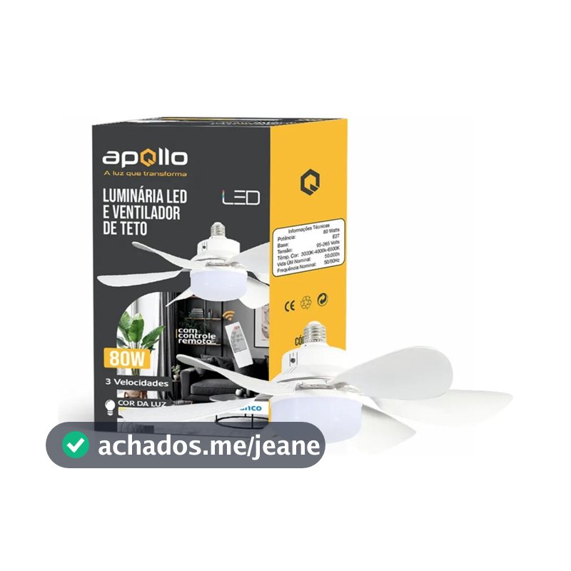 Ventilador de Teto Apollo LED 80W com Controle Remoto 3 Velocidades Luz 3000K 4000K 6500K