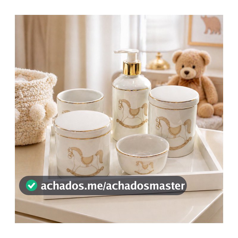 Kit Higiene Porcelana Bebe Cavalinho Friso Ouro Unissex