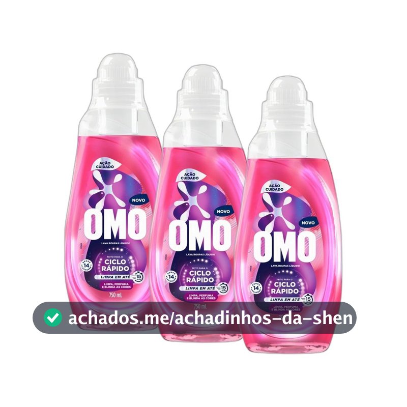 Kit 3 Lava-Roupas Líquido Omo Ciclo Rápido Ação Cuidado Frasco 750ml cada