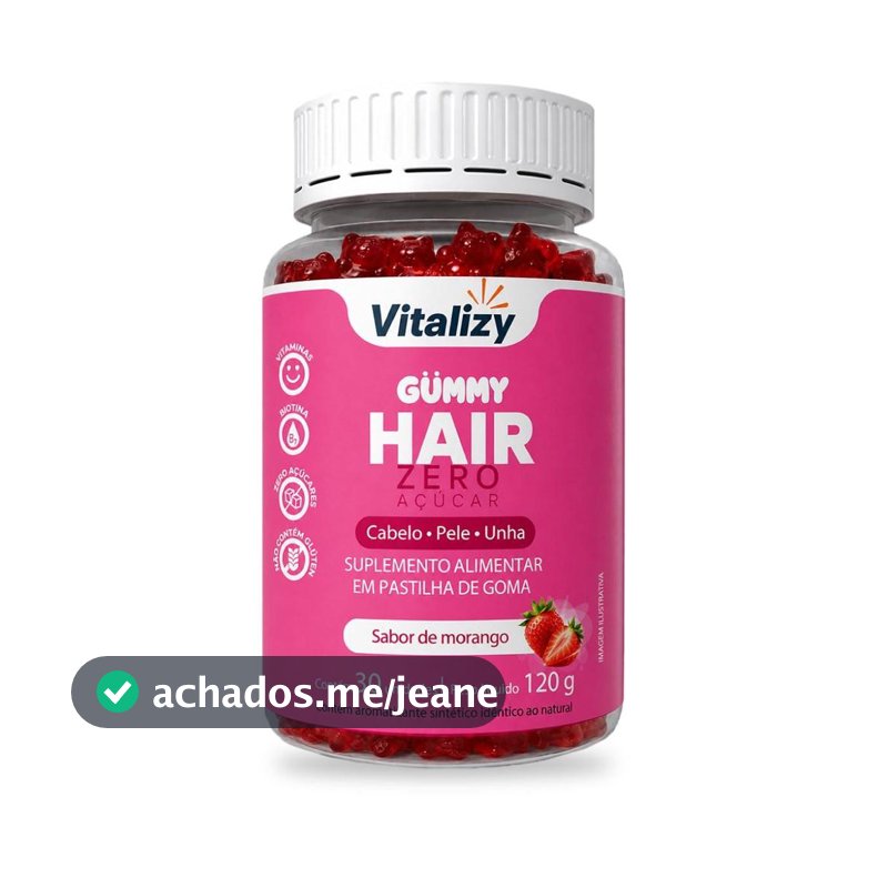 Gummy Hair Vitamina Cabelo Pele Unhas com Biotina Crescimento Capilar 30 Gomas Morango Zero Açúcar Vitalizy Original