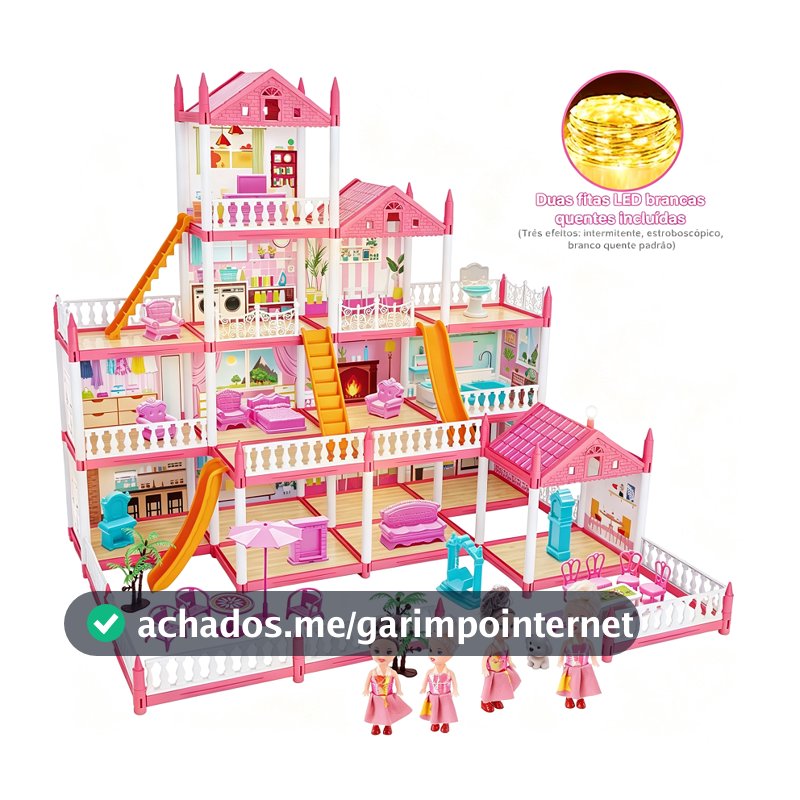 Casa de Boneca Princesa 4 Andares 14 Cômodos com Luz LED, 4 Bonecas, Escorregador e Móveis Completos Brinquedo Educativo
