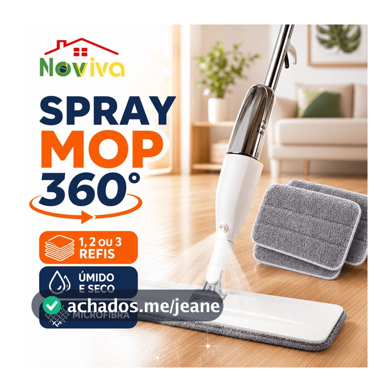 Esfregão Spray Mop 360° Noviva| Rodo de Limpeza com Reservatório, Microfibra, Uso Úmido e Seco para Pisos