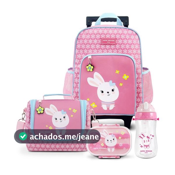 Kit Escolar Mochila Rodinha Infantil Lancheira Térmica Pote Garrafa Jacki Design Escolar e Passeio