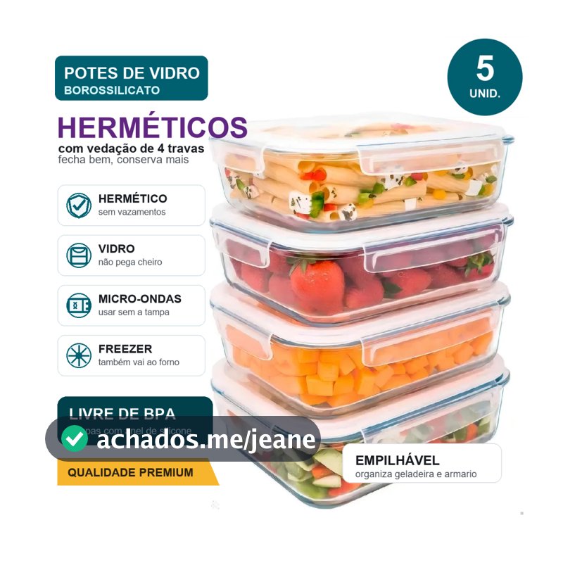 Kit 5 Potes Herméticos Vidro 370ml Marmita Fitness Vidro Resistente Com Tampa Hermética "pequenas porções"