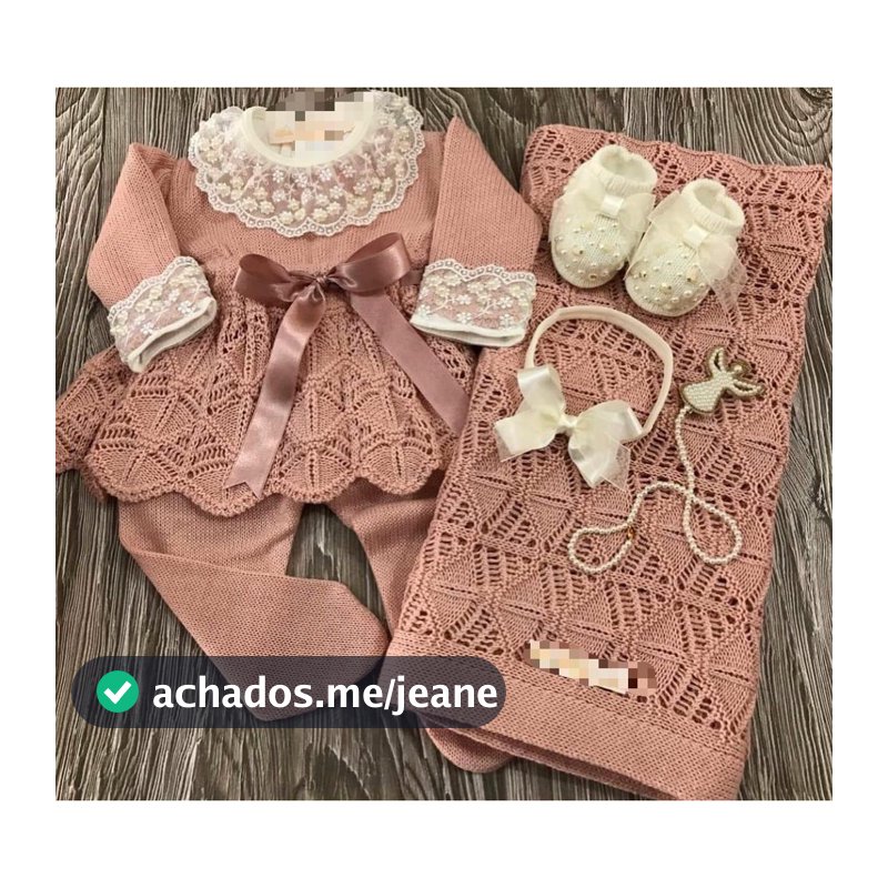 Conjunto saída de maternidade de menina vestido rosê tricot 6 peças conjuntinho roupinha de bebê