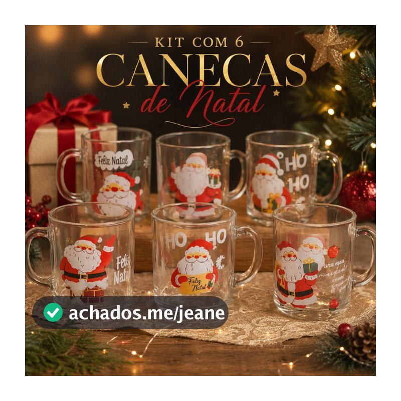 Kit 6 Canecas de Vidro Natalinas 250ml Estampadas Feliz Natal Presente de Natal Decoração Papai Noel