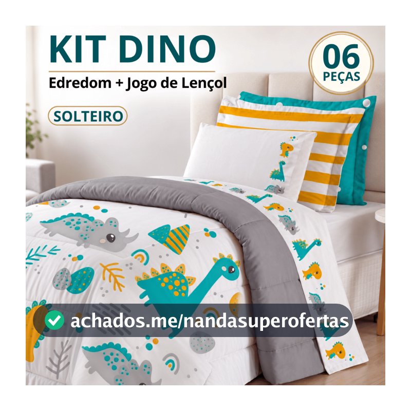 Kit Completo Cama Posta Solteiro 6 Peças Edredom + Jogo Lençol 300 Fios Percal Dino Menino Infantil