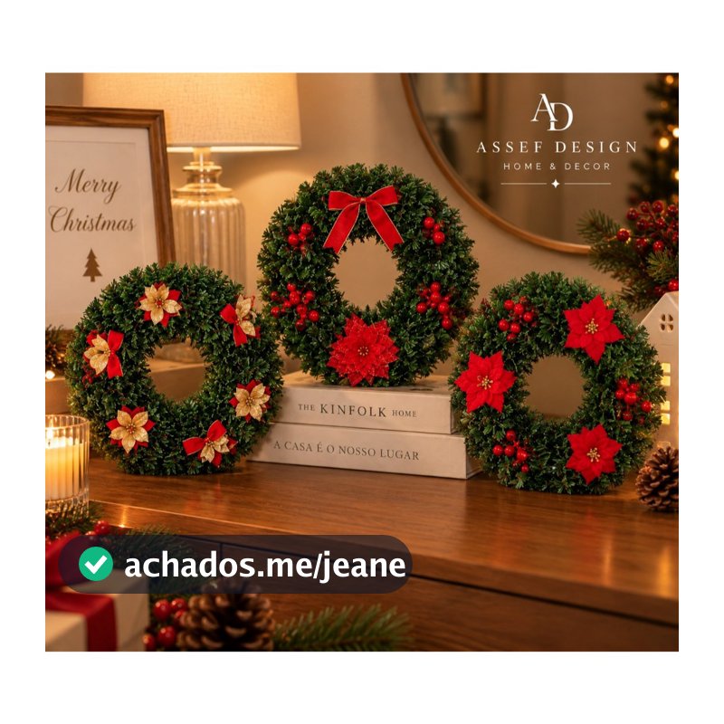 Guirlanda Natalina 40Cm De Natal Decorativa Para Porta Com Flores e Laços Vermelhas Douradas Decoração