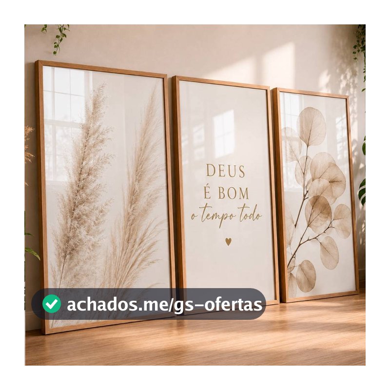 Quadro Decorativo Trio Flores Minamislista Clean Douradas Deus é Bom o Tempo Todo Para Sala Quarto 4K