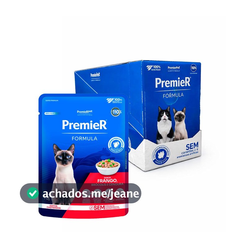 Kit 20 un. Ração Úmida Premier Fórmula Sachê Para Gatos Adultos Castrados Frango, Brócolis e Cenoura 70g