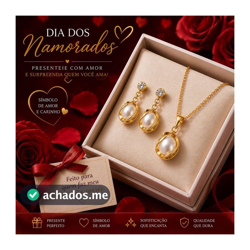 Conjunto Colar E Brinco Com Pingente de Pérola Folheado