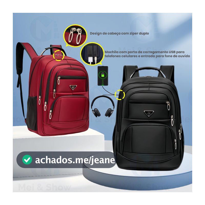 Mochilas de grande capacidade para homens e mulheres Portas externas para fone de ouvido e USB D8109