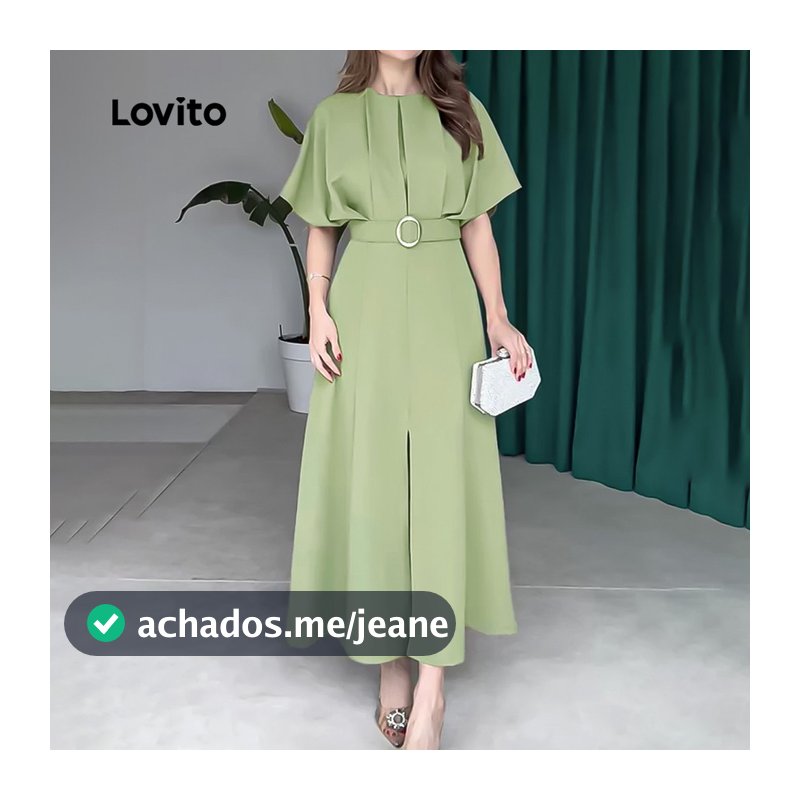 Lovito Elegante Vestido plissado com cinto primavera/verão vestido verde para mulheres L176LD084