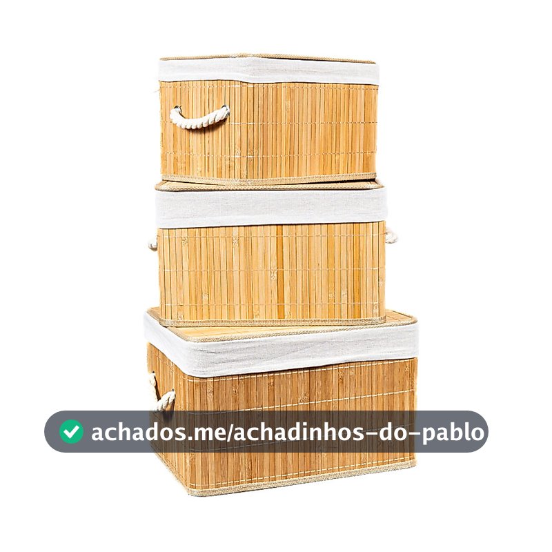 Conjunto 3 Caixa Cesto Organizador Retangular Bambu Tampa Tecido Linho Alças 39 36 33cm Decoração