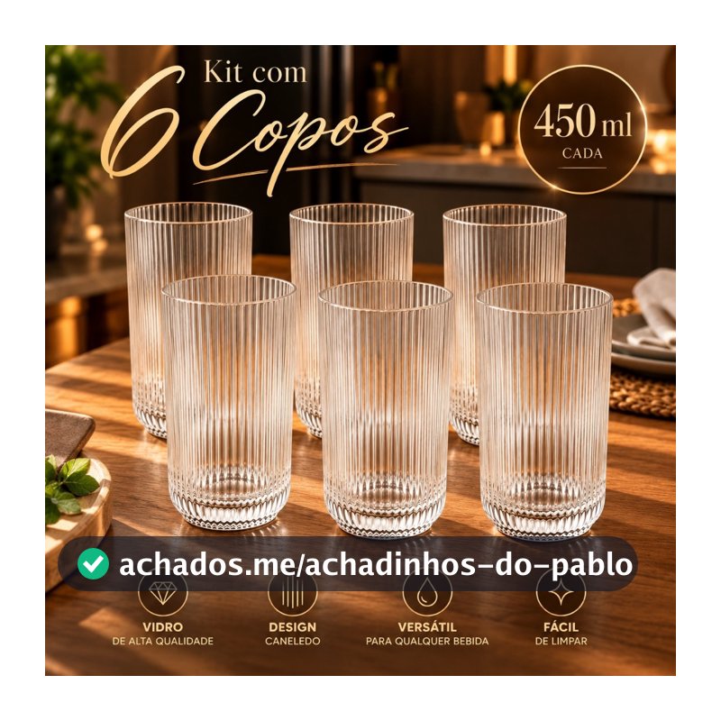 Jogo 6 Copos De Vidro Canelado 450 ML Resistente Para Água Suco E Drinks