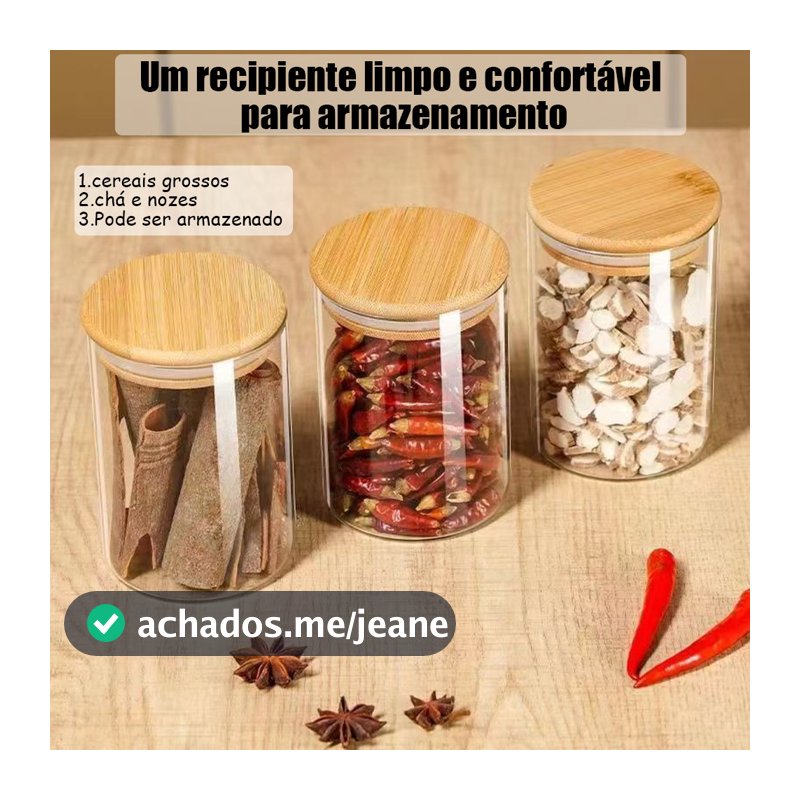Porta mantimentos potes de vidro de alta qualidade 200ml kit 1 a 6 tampa bambu hermético para alimentos e grãos