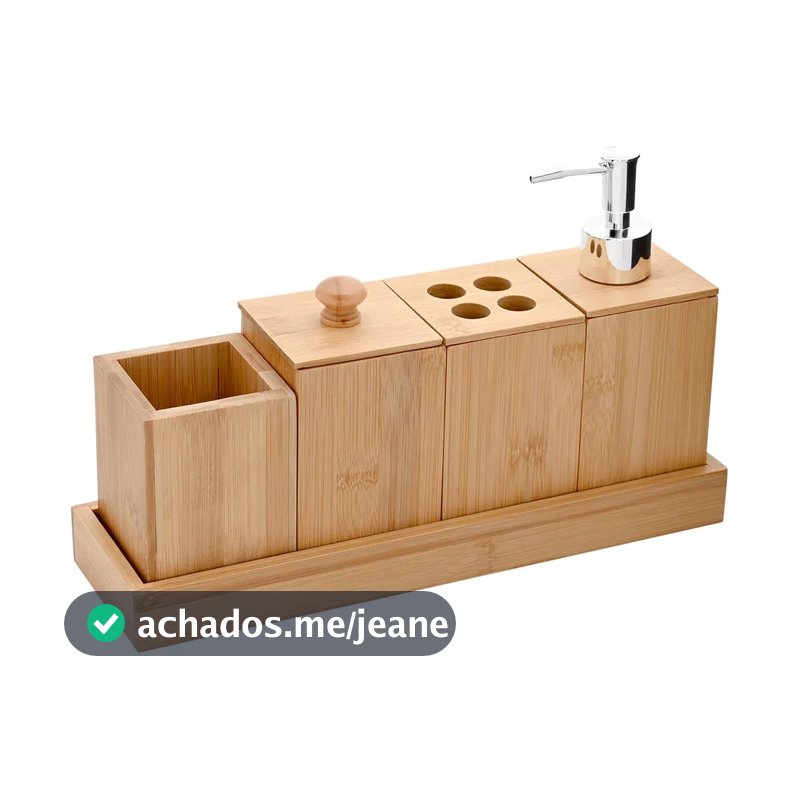 Jogo Banheiro Luxo Bambu Eco Prime 5 Peças Porta Sabonete Líquido 125ml e Acessórios - Mimo Style