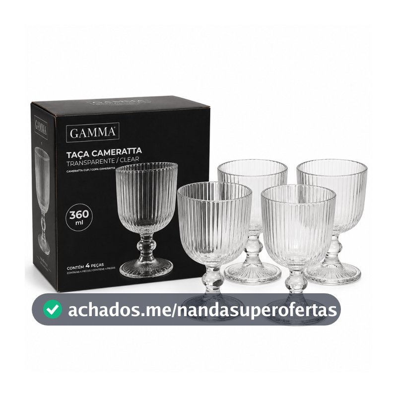 Jogo 4 Taças Cameratta 360ml Vidro Transparente Canelado Água Suco Drink Mesa Posta Gamma Luxo
