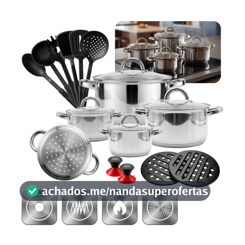 Jogo Panelas Completo 19 Peças Antiaderente Aço Inox com Acessórios Nylon