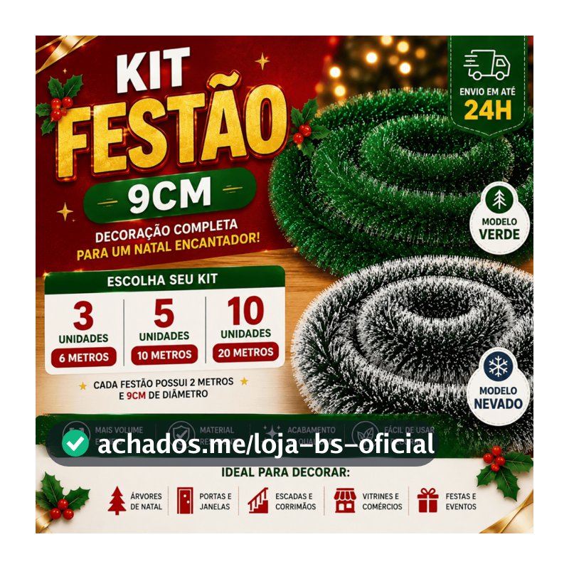 Festão de Natal Verde ou Nevado 2 Metros x 9 Cm | Kit 3, 5 ou 10 Guirlanda Enfeite Natalino Natal