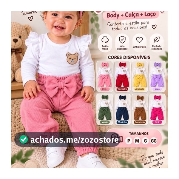 Conjunto bebê menina Body+calça+laço Ursinha