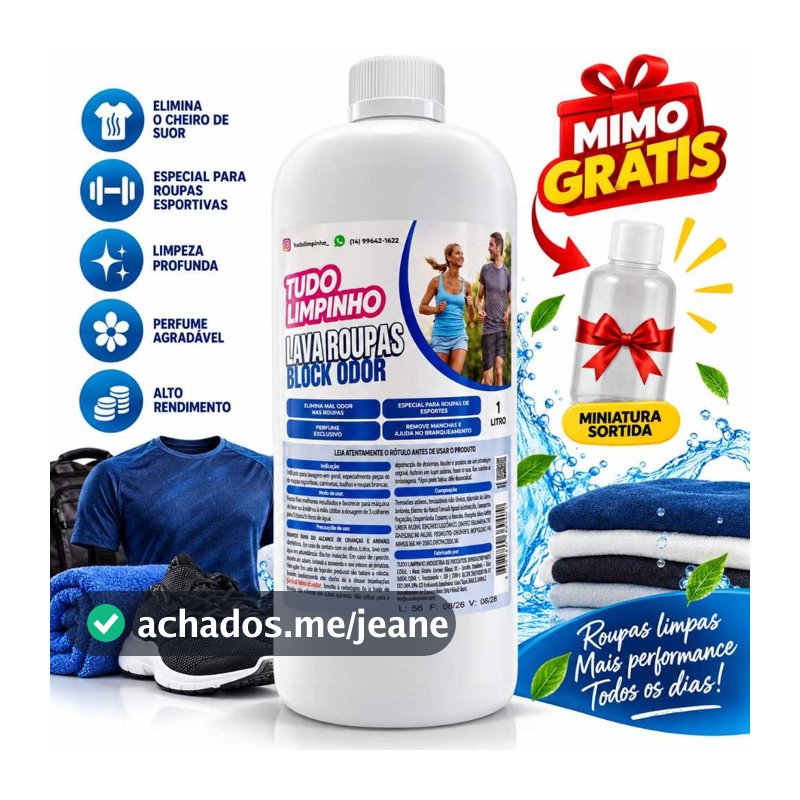 Lava Roupas Block Odor Tudo Limpinho 1L Anti Odor Suor Roupas Esportivas Academia + Brinde