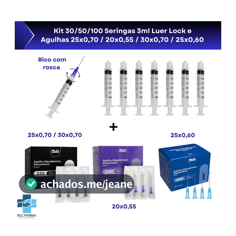 Kit com 30/50/100 Unidades de Seringa de 3ml Luer Lock Rosca Mais Agulha 25x7 / 30x7 / 20x55