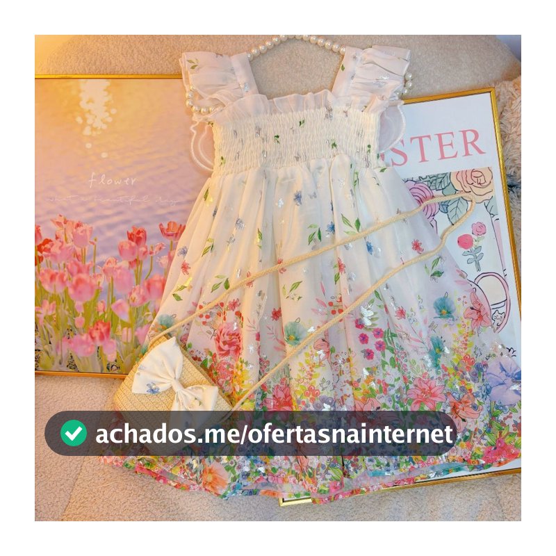 Vestido Infantil com Chapéu de Palha Estilo Princesa Floral Doce para o Verão