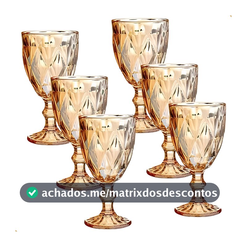 Jogo de 4 a 6 Taças de Vidro Diamond Cores Transparente Ambar Furta Cor Verde Azul Fume Bico De Jaca 330ml