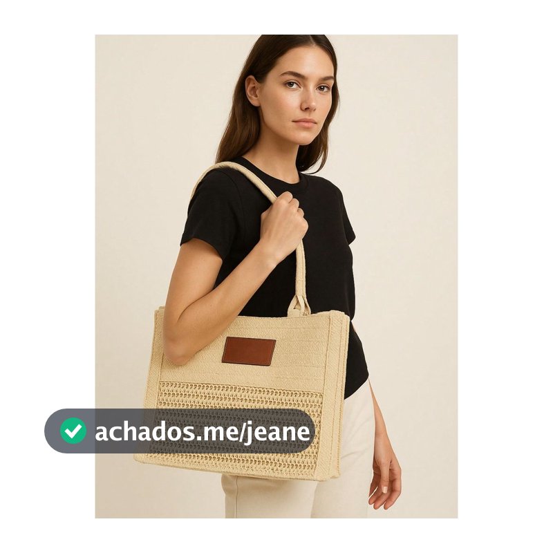 Bolsa Tote Estruturada de Palha com Mix de Texturas e Detalhes em Couro PU  Grande Estilo Resort,
