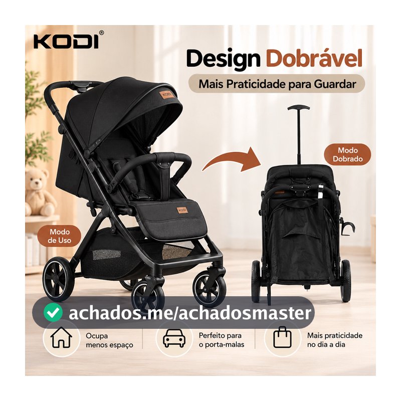 Carrinho de Bebê KODI Dobrável Preto com Capacho e Bolsa de Armazenamento