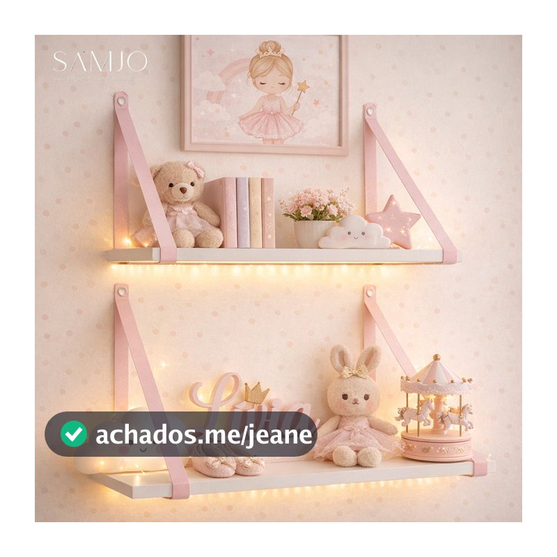 Prateleira 45x15 – Kit com 2 Unidades, Alça em Couro Ecológico Rosa, Decorar, Organizar Quarto Bebê