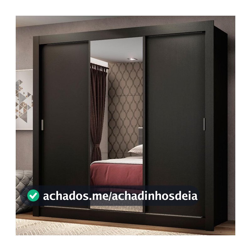 Guarda Roupa Casal 3 Portas de Correr com Espelho Preto Madesa Mônaco