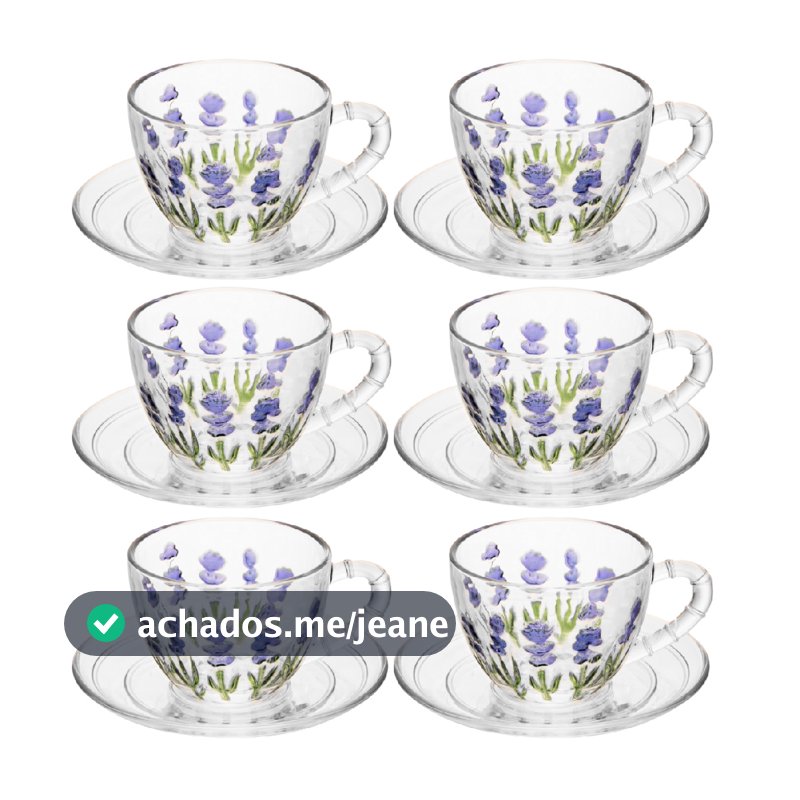 Kit 6 Xícaras de Chá 220ml Lyor Lavanda em Cristal Requintado Luxo Hand Painting Mesa Posta Transparente Roxa Roxinha