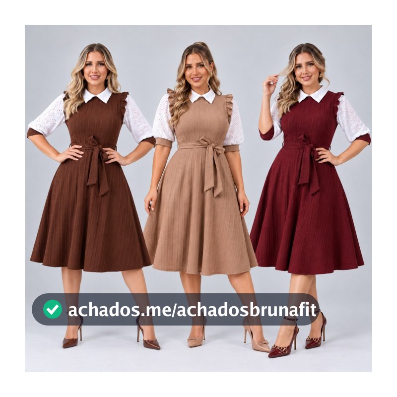 Vestido Midi Rodado Babado no Ombro Gola Flat Manga Princesa 3/4 Laço Cintura Moda Evangélica Brasil