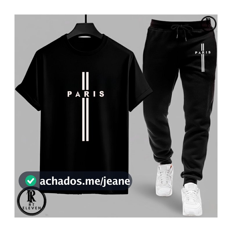 Kit Conjunto Paris  Camiseta e Calça moletom  Moda masculina camiseta casual Malha Algodão + calça Moletom Com bolso